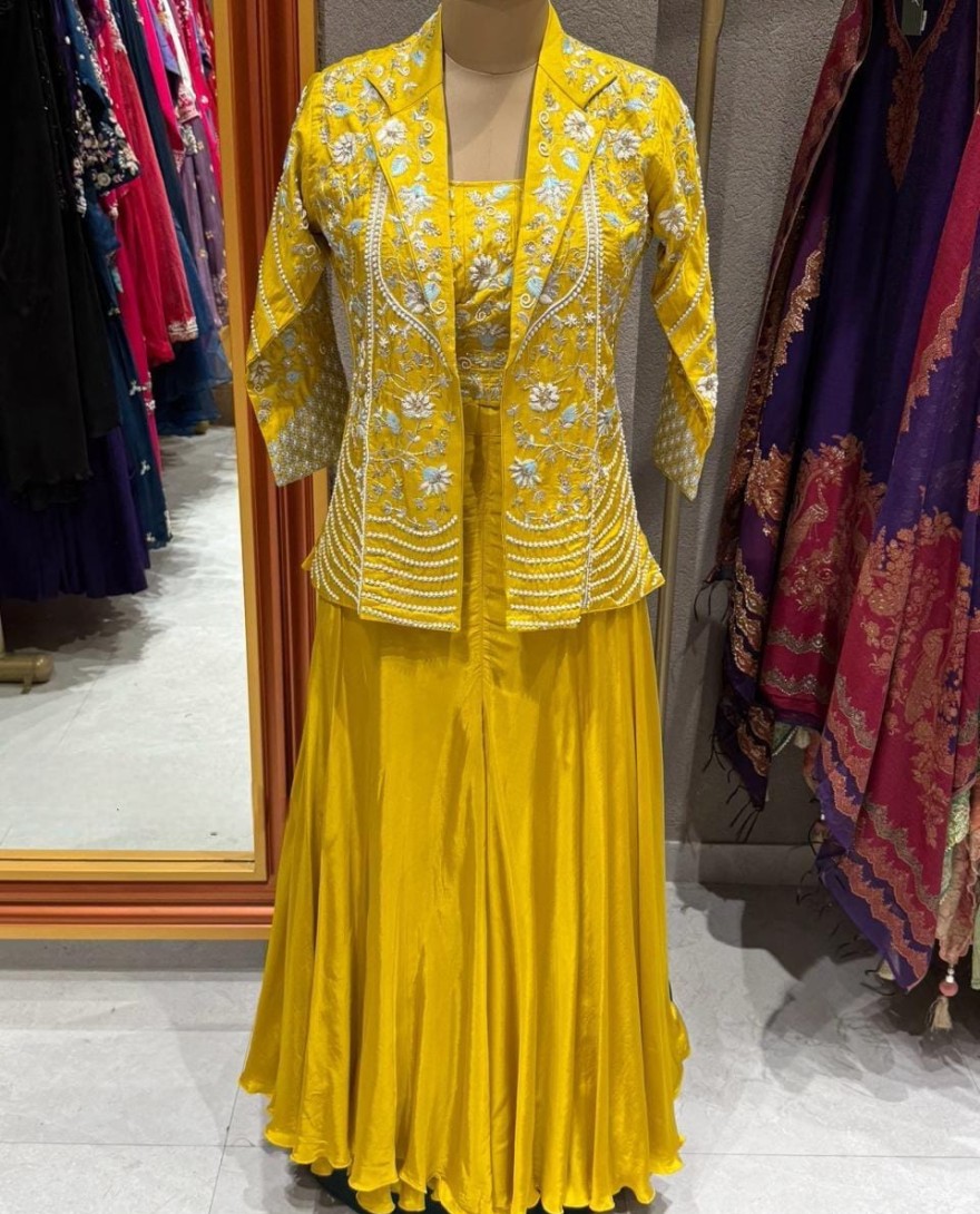 YELLOW - Pure Dola Silk Ready To Wear Blouse With Attached Lining And Beautiful Resham Thread Foil Zari Sequence Cutdana And Pearl Work